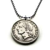 1949 France 5 Francs coin pendant necklace jewelry French Laureate Marianne Paris Lyon Marseille Lille Nantes Nice Toulouse Bordeaux Rennes Reims Avignon Saint-Étienne Havre Carcassonne Mont Saint-Michel Montpellier n002439