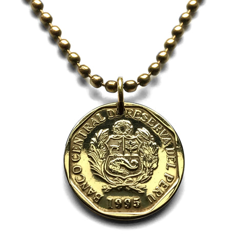 1996 Peru 10 Centimos coin pendant necklace escudo Peruano Lima Arequipa Trujillo Chiclayo Piura Huancayo Machu Picchu Cusco Incas Nazca Ica Chimbote Iquitos Tacna Tarata Puno Juliaca Cajamarca Chincha Huánuco Pucallpa Sullana Callao llama alpaca n001057