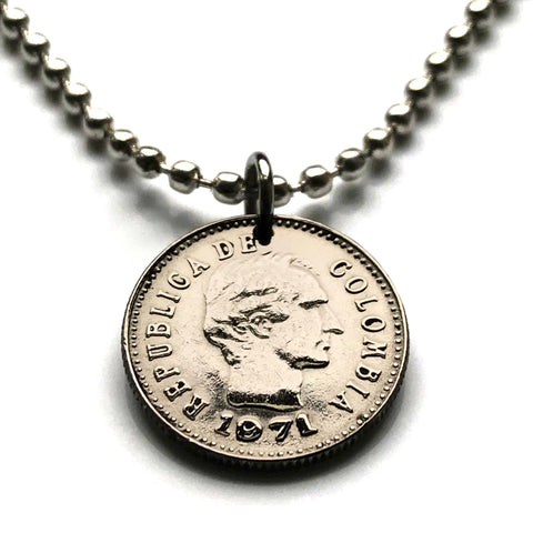 1971 Colombia 10 Cent coin pendant necklace General Santander Bogotá Medellín Cali Barranquilla Cartagena Cúcuta Soacha Soledad Bucaramanga Bello Ibagué Manizales Montería Valle del Cauca Antioquia Pereira Caldas Armenia Muisca Chibcha Quimbaya n002192