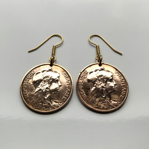 France 5 Centimes French coin earrings Liberty Paris Marseille Lyon Toulouse Lille Rennes Reims Le Havre Toulon Dijon Angers Nimes Avignon e000236