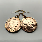 France 5 Centimes French coin earrings Liberty Paris Marseille Lyon Toulouse Lille Rennes Reims Le Havre Toulon Dijon Angers Nimes Avignon e000236
