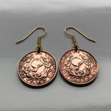 Colombia 5 Centavos coin earrings Jacobin cap Bogotá Medellín Cali Barranquilla Cartagena Cúcuta Bucaramanga Pereira Antioquia Valle del Cauca Quimbaya Santander Manizales Caldas Soledad e000243