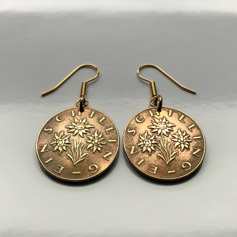 Austria Osterreich Pendientes de moneda de 1 chelín Flor de Edelweiss Planta alpina margarita girasol Viena Viena Salzburgo Graz Linz Innsbruck Klagenfurt Villach Tirol Estiria Carintia Sankt Polten Wels e000057