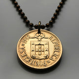 Portugal 5 Escudos coin pendant necklace Portuguese Quinas castles Porto Lisbon Braga Faro Lagoa Sintra Coimbra Évora Vasco da Gama Maria de Belém Algarve Guimarães Mirandese n000188