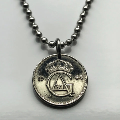 1969 Sweden 25 Ore coin pendant necklace Swedish crown initial G A Stockholm Tre Kroner Uppsala Malmo Gothenburg Vasteras Gotaland Helsingborg Norrkoping Smolandia Nordic Scandinavian Norse Svear Svealand Norrland Linkoping Vikings Orebro n003223
