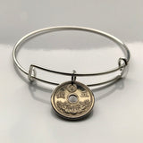 1920-1932 Japan 5 Sen coin bangle bracelet Yata sacred mirror floral Tokyo Kobe Saitama Samurai Judo Chiba Sakai Okinawa Nippon b000015