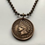 USA Indian Head Cent coin pendant Native American Indian First Nation Chief Tribal feathered headdress War bonnet Great Plains American Civil War Navajo Cherokee Choctaw Chippewa Sioux Apache Blackfeet Creek Iroquois Lumbee Pueblo Chickasaw n000807