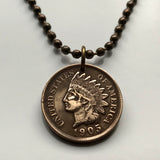 USA Indian Head Cent coin pendant Native American Indian First Nation Chief Tribal feathered headdress War bonnet Great Plains American Civil War Navajo Cherokee Choctaw Chippewa Sioux Apache Blackfeet Creek Iroquois Lumbee Pueblo Chickasaw n000807
