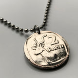 1995 South Africa 2 Rand coin pendant necklace jewelry greater kudu springbok antelope Cape Town Johannesburg Durban Pretoria Port Elizabeth Bloemfontein Soweto Tswana Xhosa Afrikaans Zulu Kgalagadi Kruger Park n001083