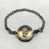 1987 United Kingdom Great Britain 20 Pence coin bracelet Tudor Rose English crown England London Manchester Bristol Sheffield Newcastle Wales Ireland Irish Lancaster Leeds Southampton  b000046