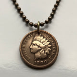 USA Indian Head Cent coin pendant Native American Indian First Nation Chief Tribal feathered headdress War bonnet Great Plains American Civil War Navajo Cherokee Choctaw Chippewa Sioux Apache Blackfeet Creek Iroquois Lumbee Pueblo Chickasaw n000807