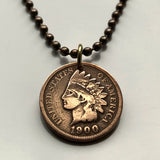 USA Indian Head Cent coin pendant Native American Indian First Nation Chief Tribal feathered headdress War bonnet Great Plains American Civil War Navajo Cherokee Choctaw Chippewa Sioux Apache Blackfeet Creek Iroquois Lumbee Pueblo Chickasaw n000807