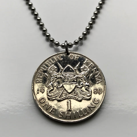 1971 Kenya 1 Shilling coin pendant Kenyan lions East African shield spears Nairobi Mombasa Bantu Kikuyu Luhya Kalenjin Kiswahili Lamu KANU safari Harambee Maasai Mara Nakuru Ruiru Kisumu Great Rift Valley Swahili Malindi Bay Kiambu Thika n001618