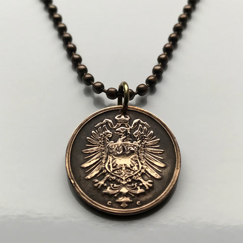 1874 Germany Deutschland 2 Pfennig coin pendant necklace jewelry German eagle Berlin Munich Cologne Frankfurt Hamburg Stuttgart Bavaria Düsseldorf Leipzig Dortmund Bremen Dresden Hanover Rothenburg Nuremberg n000943