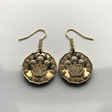 United Kingdom Great Britain 3 Pence 3 headed thrift plant coin earrings jewelry British flower England Scotland Wales Northern Ireland London Edinburgh Cardiff Belfast Manchester Liverpool Leeds World War 2 era e000074