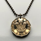 1945 United Kingdom Great Britain 3 Pence coin pendant 3 headed thrift plant sea pink flower England Scotland Northern Ireland Wales London Edinburgh Belfast Cardiff Manchester Birmingham Newcastle Nottingham Sheffield Liverpool Southampton Leeds n000145