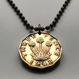 1945 United Kingdom Great Britain 3 Pence coin pendant 3 headed thrift plant sea pink flower England Scotland Northern Ireland Wales London Edinburgh Belfast Cardiff Manchester Birmingham Newcastle Nottingham Sheffield Liverpool Southampton Leeds n000145