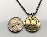 1977 Israel 10 Agorot coin pendant Jewish date palm tree Jerusalem Tel Aviv menorah Haifa Rishon LeZion Palestine Petah Tikva Ashdod Judea Safed Nazareth Jews Hebrew n000406