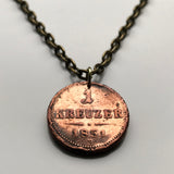 1851! Austria Osterreich 1 Kreuzer coin pendant Austrian eagle Vienna Habsburg crown Salzburg Innsbruck Graz Linz Tyrol Villach Carinthia Innere Stadt Styria Klagenfurt Sankt Pölten Budapest n000998