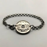 Japan Nippon 50 Yen Japanese coin bracelet jewelry Chrysanthemum flower Tokyo Osaka  Kobe Kyoto Yokohama Sendai Nagoya Sapporo Okinawa Chiba Kawasaki Fukuoka Kanji Hiroshima Shibuya mums b000053