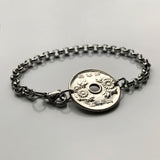 Japan Nippon 50 Yen Japanese coin bracelet jewelry Chrysanthemum flower Tokyo Osaka  Kobe Kyoto Yokohama Sendai Nagoya Sapporo Okinawa Chiba Kawasaki Fukuoka Kanji Hiroshima Shibuya mums b000053
