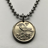 1965 Norway Norge 25 Ore coin pendant Norwegian jewelry Siberian tit passerine bird Oslo Bergen Stavanger Sandnes Nynorsk Bokmal Trondheim Drammen Fredrikstad Sarpsborg Porsgrunn Skien Kristiansand Vikings Scandinavian Nordic Old Norse Alesund  n000264