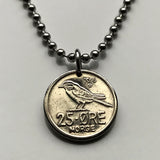 1965 Norway Norge 25 Ore coin pendant Norwegian jewelry Siberian tit passerine bird Oslo Bergen Stavanger Sandnes Nynorsk Bokmal Trondheim Drammen Fredrikstad Sarpsborg Porsgrunn Skien Kristiansand Vikings Scandinavian Nordic Old Norse Alesund  n000264
