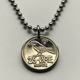 1965 Norway Norge 25 Ore coin pendant Norwegian jewelry Siberian tit passerine bird Oslo Bergen Stavanger Sandnes Nynorsk Bokmal Trondheim Drammen Fredrikstad Sarpsborg Porsgrunn Skien Kristiansand Vikings Scandinavian Nordic Old Norse Alesund  n000264