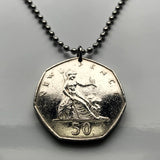 1970 United Kingdom Great Britain 50 Pence coin pendant keychain British lion Britannia Queen Elizabeth London England Scotland Wales Northern Ireland Belfast Edinburgh Birmingham Cardiff Sheffield Liverpool Glasgow Leeds Swansea Newcastle York n002389