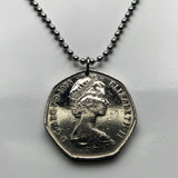 1970 United Kingdom Great Britain 50 Pence coin pendant keychain British lion Britannia Queen Elizabeth London England Scotland Wales Northern Ireland Belfast Edinburgh Birmingham Cardiff Sheffield Liverpool Glasgow Leeds Swansea Newcastle York n002389