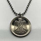 1967 Egypt 5 Qirsh coin pendant necklace Egyptian jewelry eagle of Saladin Cairo Alexandria Luxor Thebes Aswan Port Said Suez Abu Simbel Egyptian Khafra Great Sphinx of Giza pyramids Tutankhamun Nile United Arab Republic Middle East Palestine n002319