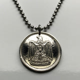 1967 Egypt 5 Qirsh coin pendant necklace Egyptian jewelry eagle of Saladin Cairo Alexandria Luxor Thebes Aswan Port Said Suez Abu Simbel Egyptian Khafra Great Sphinx of Giza pyramids Tutankhamun Nile United Arab Republic Middle East Palestine n002319