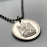 1967 Egypt 5 Qirsh coin pendant necklace Egyptian jewelry eagle of Saladin Cairo Alexandria Luxor Thebes Aswan Port Said Suez Abu Simbel Egyptian Khafra Great Sphinx of Giza pyramids Tutankhamun Nile United Arab Republic Middle East Palestine n002319