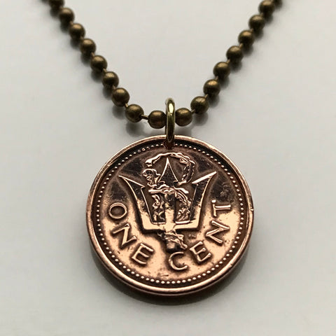 1986 Barbados 1 Cent coin pendant Barbadian Bajan Poseidon Broken Trident 3 pronged spear dolphin fish pelican Bridgetown Oistins Holetown Speightstown Saint Michael Six Cross Roads South Point Lighthouse drietand Neptune sea god aquaman n000010