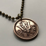 Barbados 1 Cent coin pendant Barbadian Bajan Poseidon Broken Trident 3 pronged spear dolphin fish pelican Bridgetown Oistins Holetown Speightstown Saint Michael Six Cross Roads South Point Lighthouse drietand Neptune sea god aquaman n000010