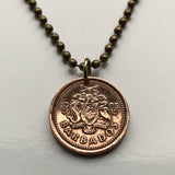 Barbados 1 Cent coin pendant Barbadian Bajan Poseidon Broken Trident 3 pronged spear dolphin fish pelican Bridgetown Oistins Holetown Speightstown Saint Michael Six Cross Roads South Point Lighthouse drietand Neptune sea god aquaman n000010