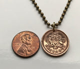 Barbados 1 Cent coin pendant Barbadian Bajan Poseidon Broken Trident 3 pronged spear dolphin fish pelican Bridgetown Oistins Holetown Speightstown Saint Michael Six Cross Roads South Point Lighthouse drietand Neptune sea god aquaman n000010