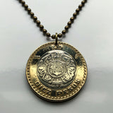 2018 Mexico 10 Pesos coin pendant necklace jewelry Aztec sun stone calendar Piedra del Sol Mexica sculpture Tōnatiuh Tlaltecuhtli Yohualtecuhtli Tenochtitlan Tecpatl knife Zócalo Templo Mayor Toltec Hidalgo n000160