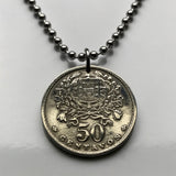 1946 Portugal 50 Centavos coin pendant necklace jewelry Portuguese lady Quinas castles Lisboa Oporto Braga Sintra Faro Coimbra Funchal Aveiro Guimares Ponta Delgada Faro Belem Ourique Mirandese Lagos Fatima n003194