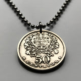 1946 Portugal 50 Centavos coin pendant necklace jewelry Portuguese lady Quinas castles Lisboa Oporto Braga Sintra Faro Coimbra Funchal Aveiro Guimares Ponta Delgada Faro Belem Ourique Mirandese Lagos Fatima n003194