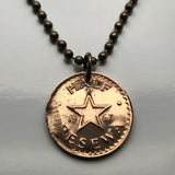 1967 Ghana 1/2 Pesewa coin pendant necklace jewelry Akan Adowa Bush drums Accra Black Star of Africa Kumasi Gold Coast Tamale Takoradi Atsiaman Asante Ashanti Dagomba Volta Mole-Dagbon Cape Coast Osu Wa Ewe Ga West African n000086