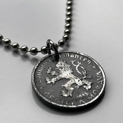 1942 Czechoslovakia Bohemia & Moravia 20 Haleru coin pendant Czech lion Prague Slovakia Bratislava Charles Bridge Brno Cesky Krumlov Kutná Hora Liberec Silesia German occupation World War 2 n001260