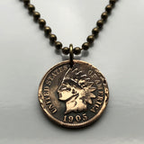 USA Indian Head Cent coin pendant Native American Indian First Nation Chief Tribal feathered headdress War bonnet Great Plains American Civil War Navajo Cherokee Choctaw Chippewa Sioux Apache Blackfeet Creek Iroquois Lumbee Pueblo Chickasaw n000807