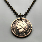 USA Indian Head Cent coin pendant Native American Indian First Nation Chief Tribal feathered headdress War bonnet Great Plains American Civil War Navajo Cherokee Choctaw Chippewa Sioux Apache Blackfeet Creek Iroquois Lumbee Pueblo Chickasaw n000807