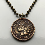 1905 USA Indian Head Penny Cent coin pendant Native American Indian First Nation Chief Tribal feathered headdress War bonnet Great Plains American Civil War Navajo Cherokee Choctaw Chippewa Sioux Apache Blackfeet Creek Iroquois Lumbee Chickasaw n000807