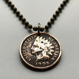1905 USA Indian Head Penny Cent coin pendant Native American Indian First Nation Chief Tribal feathered headdress War bonnet Great Plains American Civil War Navajo Cherokee Choctaw Chippewa Sioux Apache Blackfeet Creek Iroquois Lumbee Chickasaw n000807