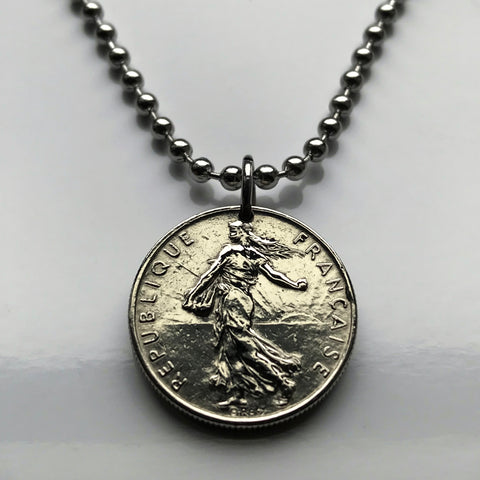 2000 France 1/2 Franc coin pendant necklace jewelry La Semeuse the Sower & Seed French jewelry Paris Marseilles Lyon Toulouse Mont Saint-Michel Nice Strasbourg Bordeaux Versailles Le Havre Rennes Reims Toulon n000147