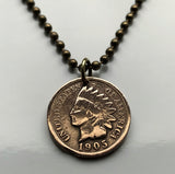 USA Indian Head Cent coin pendant Native American Indian First Nation Chief Tribal feathered headdress War bonnet Great Plains American Civil War Navajo Cherokee Choctaw Chippewa Sioux Apache Blackfeet Creek Iroquois Lumbee Pueblo Chickasaw n000807