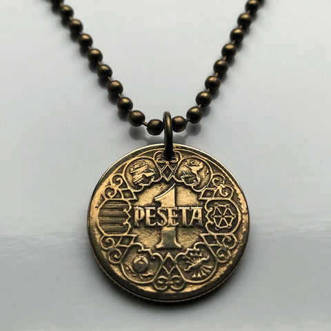 1944 Spain España Peseta coin pendant necklace jewelry Spanish crown World War 2 era Madrid Barcelona Sevilla Malaga Toledo Asturias Granada Catalan Castile Leon Aragon Navarre Valencia Bilbao Zaragoza Coruña Cuenca n000637