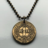 1944 Spain España Peseta coin pendant necklace jewelry Spanish crown World War 2 era Madrid Barcelona Sevilla Malaga Toledo Asturias Granada Catalan Castile Leon Aragon Navarre Valencia Bilbao Zaragoza Coruña Cuenca n000637